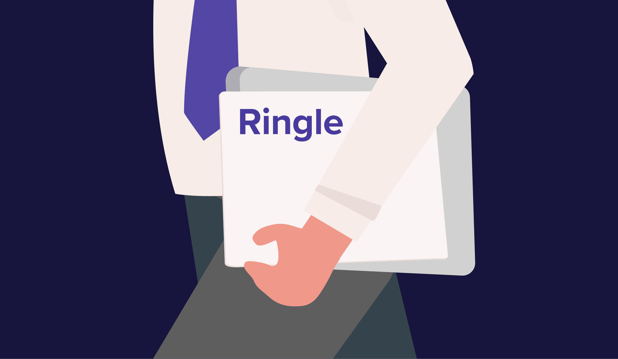 보라색 넥타이를 메고 서류 더미를 들고 가는 회사원.